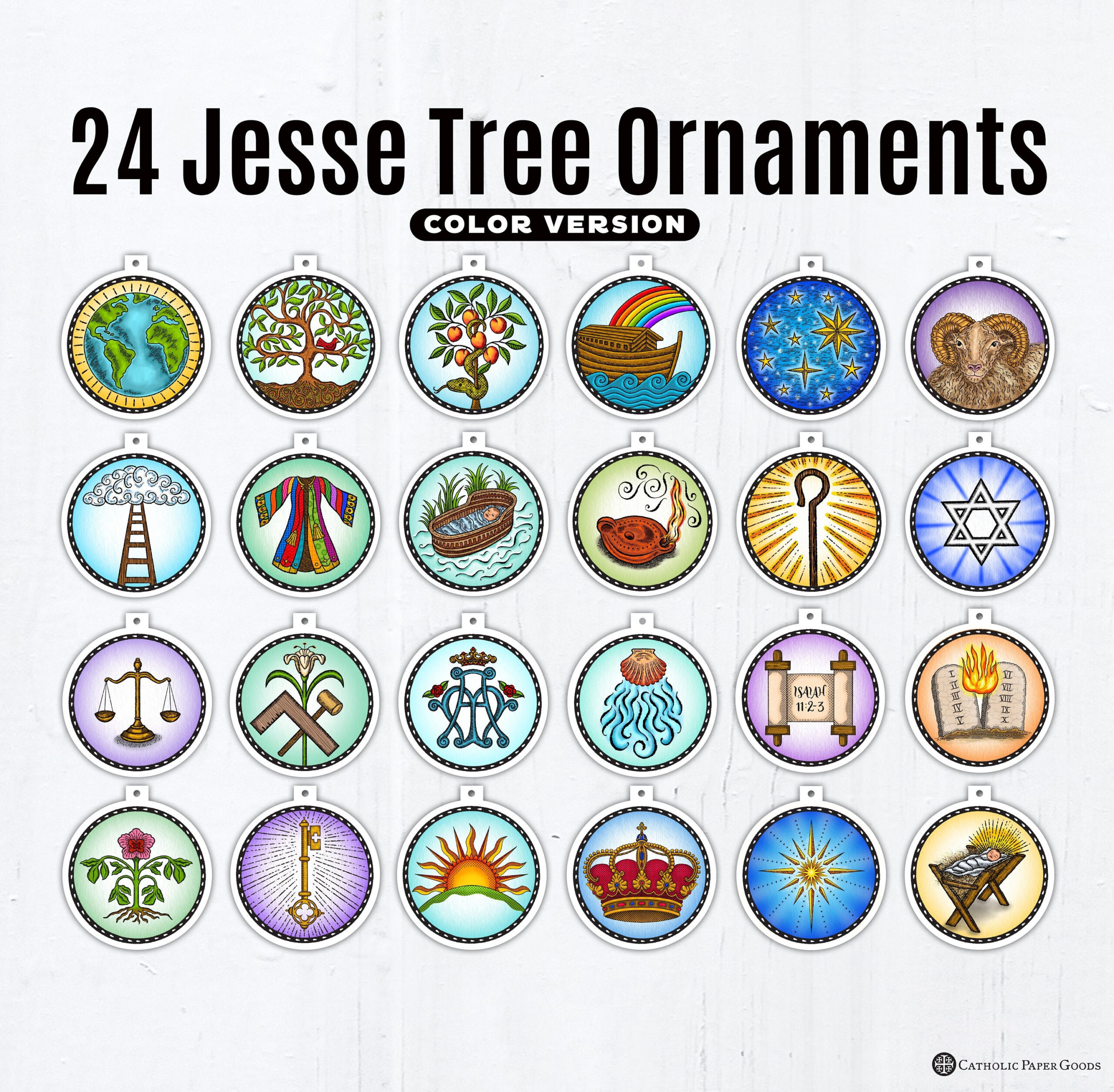 24 Jesse Tree Printable Color Ornaments Pdf, Full Color Ornaments inside Jesse Tree Free Printables