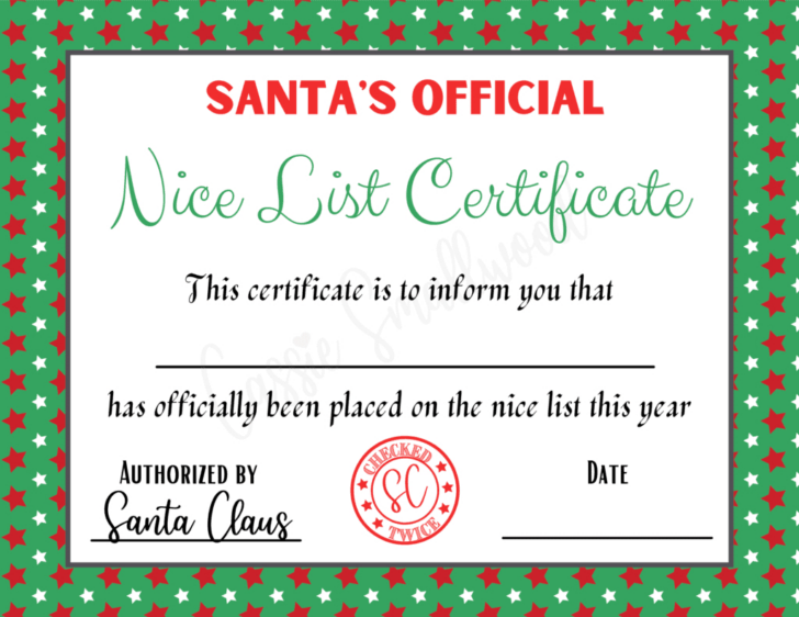Santa Nice List Certificate Printable