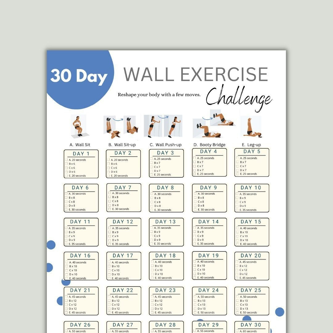 30 Day Wall Exercise Challenge Printable | Wall Fitness | Quick with Wall Pilates Chart Free Printable