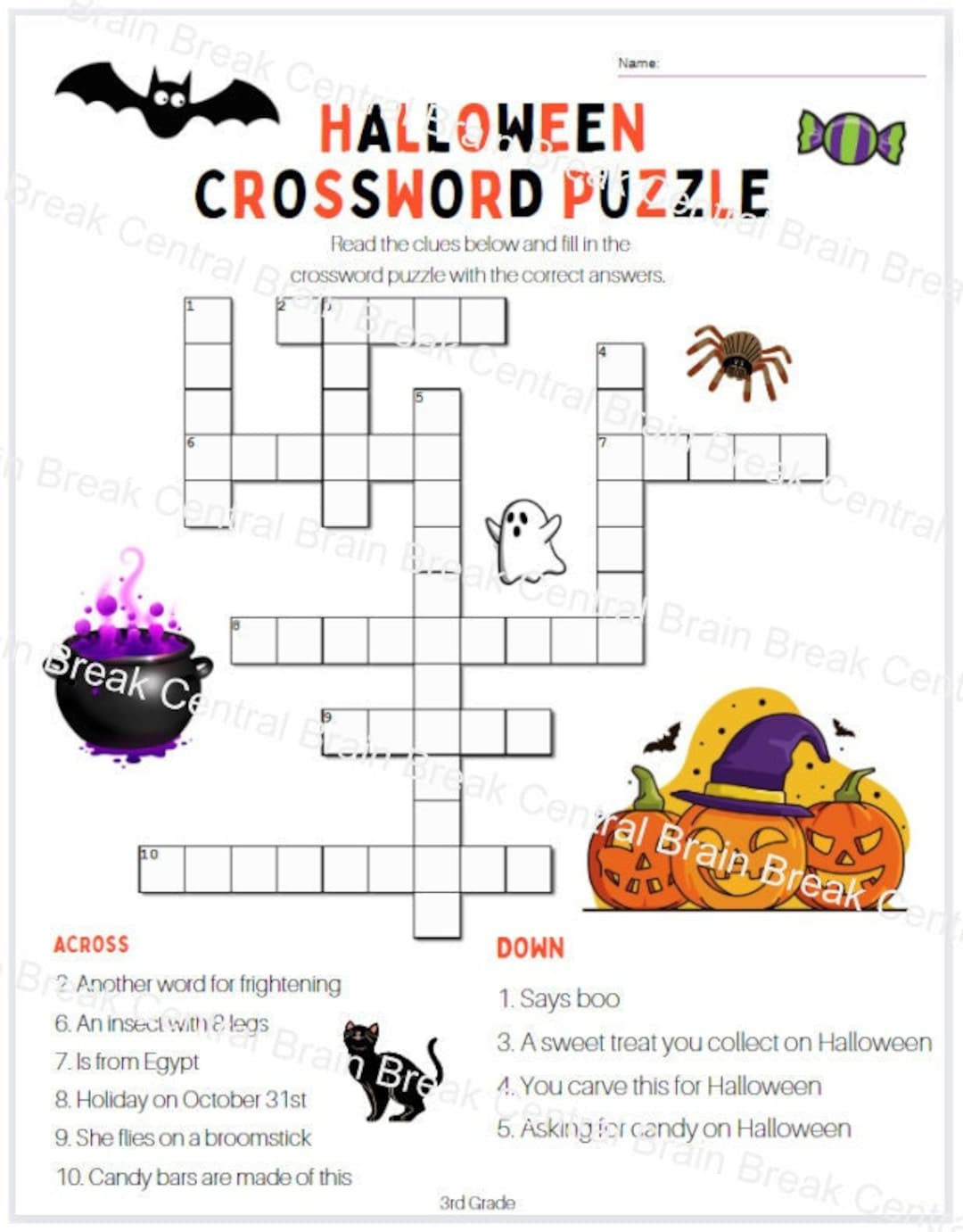 3Rd Grade Halloween Crossword Puzzle With Answer Key - Etsy in Halloween Crossword Printable