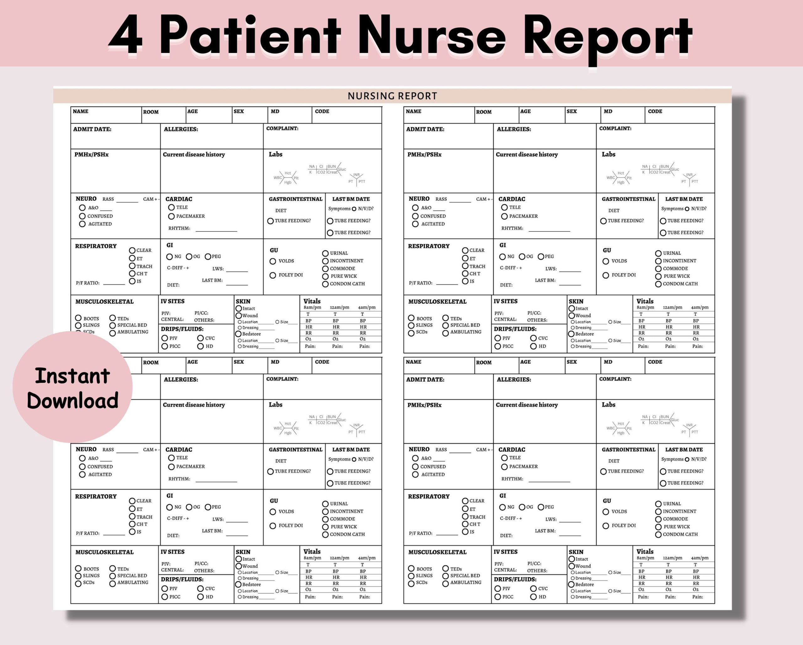 4 Patient Nurse Report Sheet, Printable Template, Nurse Brain intended for Printable Nurse Brain Sheet 4 Patients