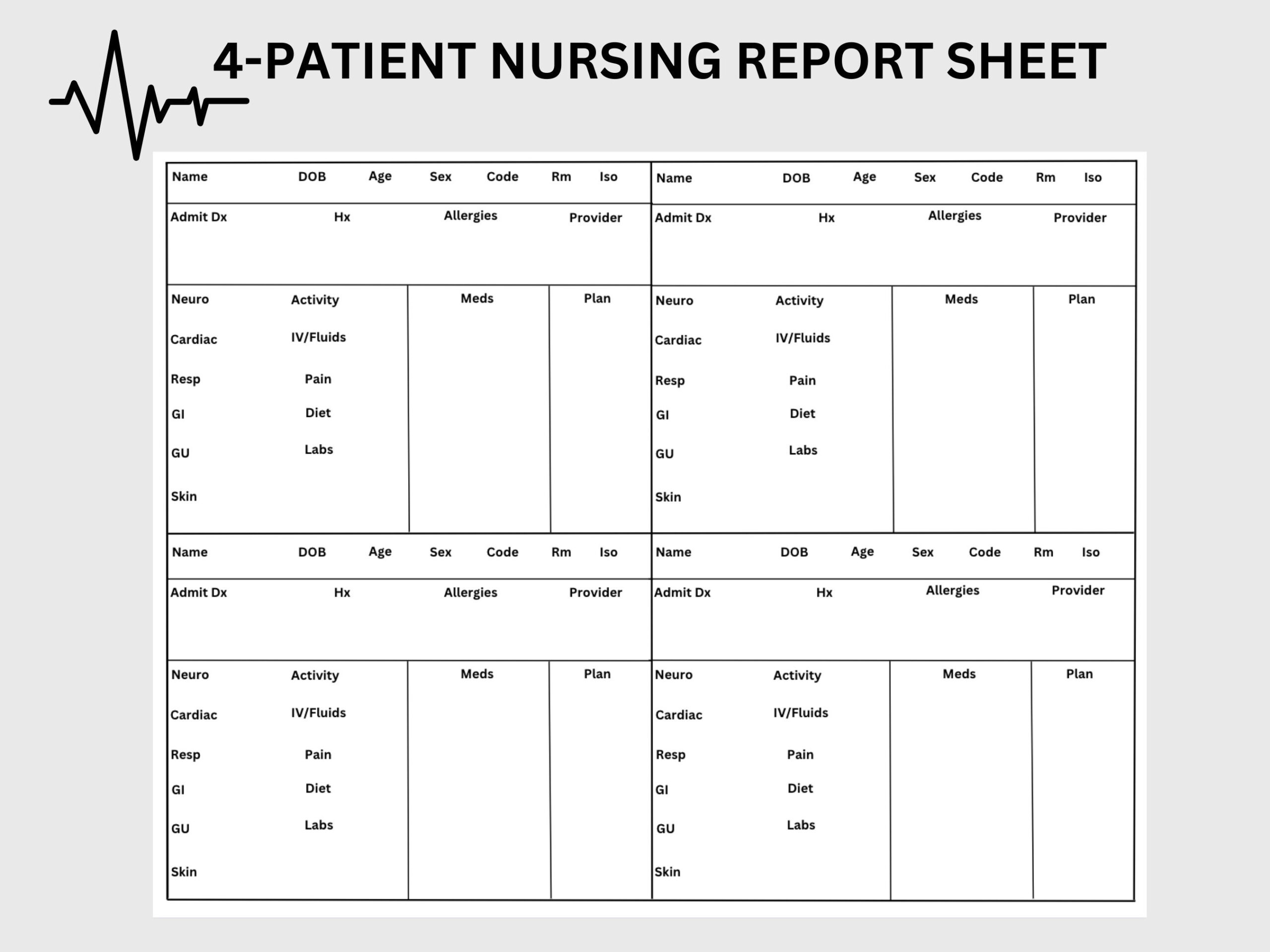 4-Patient Nursing Report Sheet | Nursing Brain Sheet | Nursing in Printable Nurse Brain Sheet 4 Patients