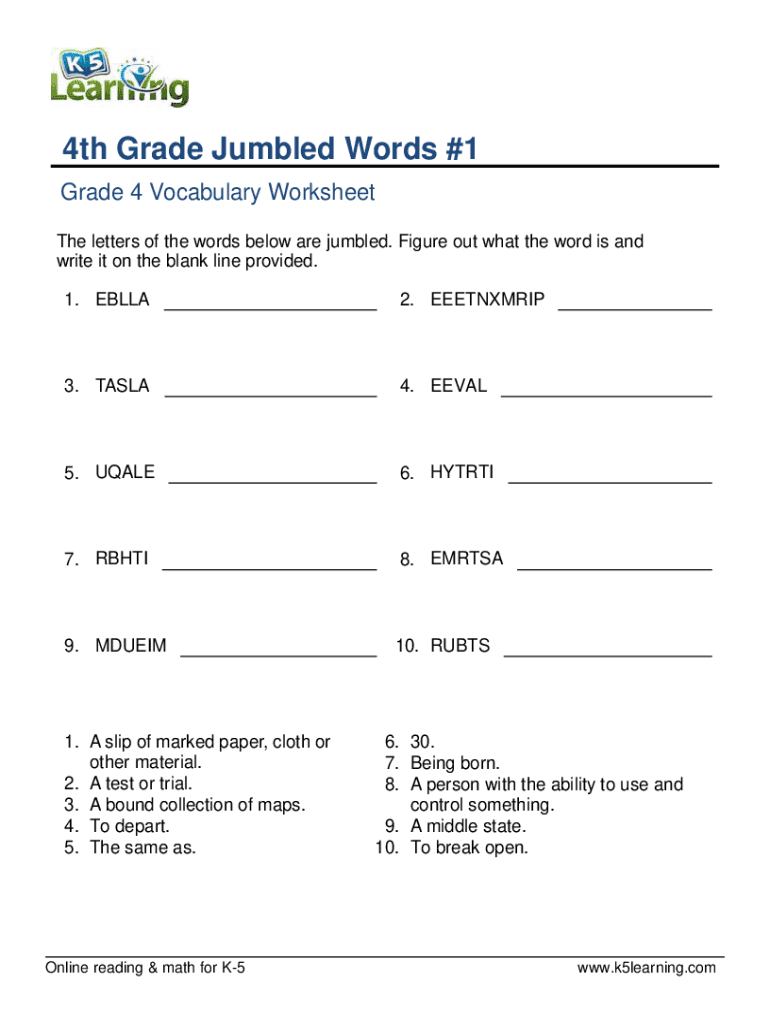 4Th Grade Words - Fill Online, Printable, Fillable, Blank | Pdffiller pertaining to Vocabulary Printable Worksheets For 4Th Grade