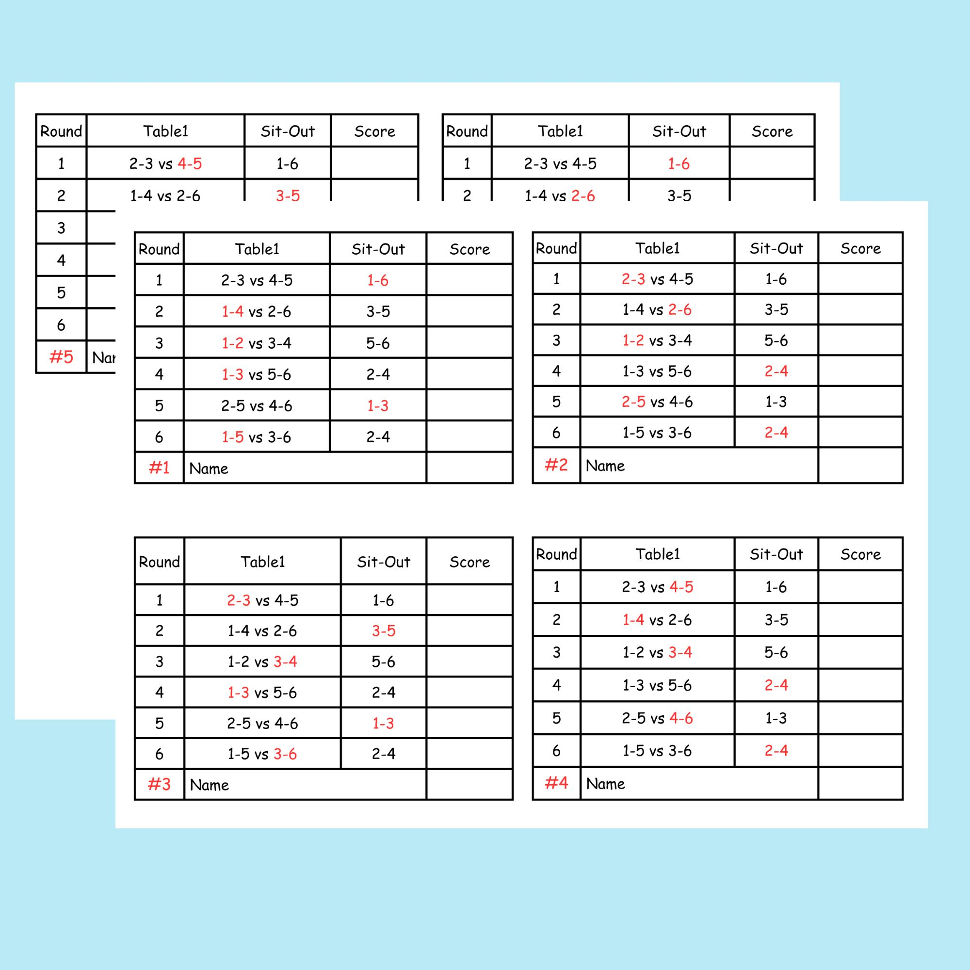 6 Person Euchre Tournament Rotation Score Sheet pertaining to Euchre Score Cards Free Printable