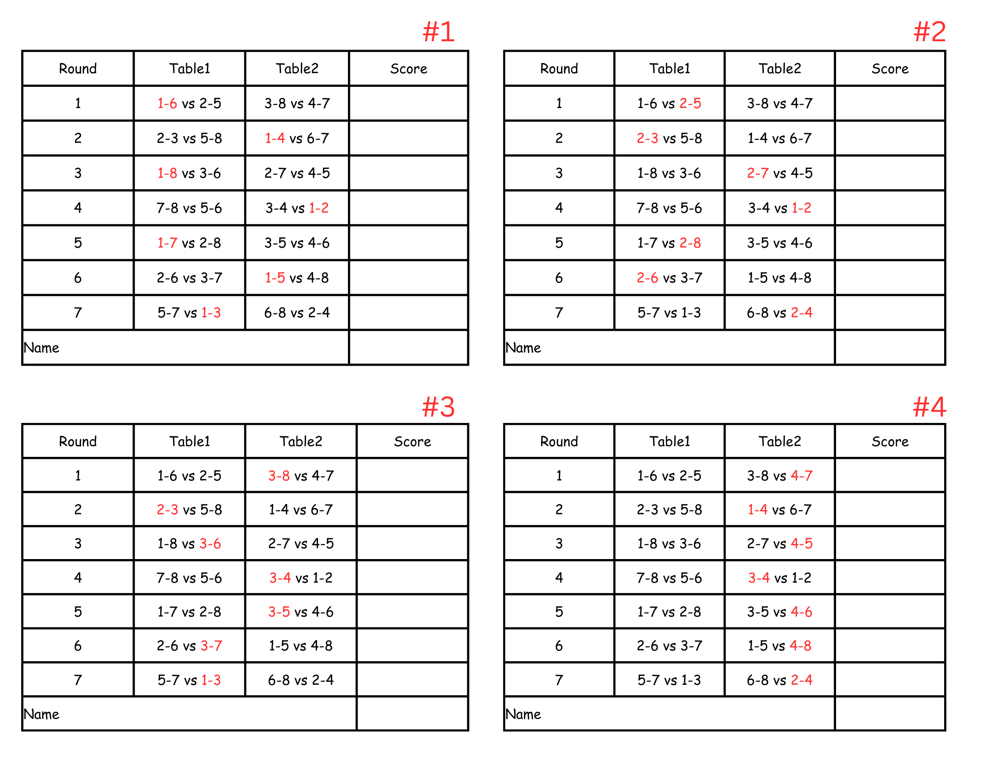 8 Person Euchre Tournament Rotation 2 Table Score Card with Free Printable Euchre Score Cards