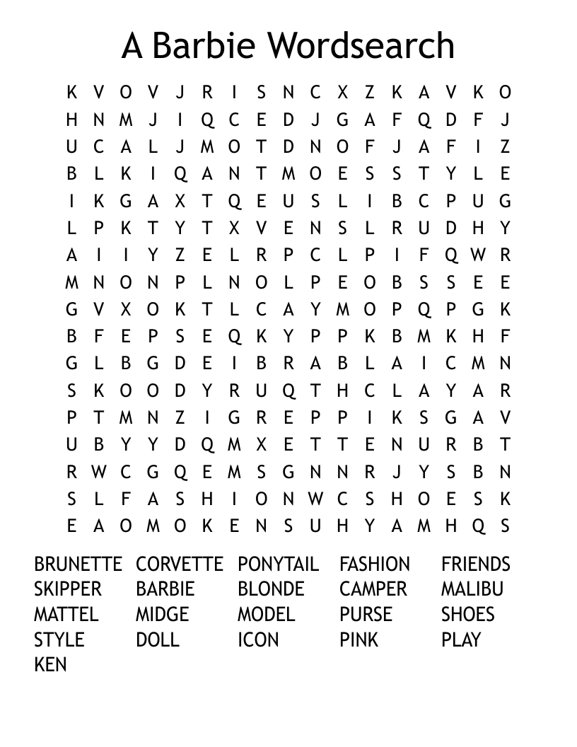A Barbie Wordsearch - Wordmint in Barbie Word Search Printable