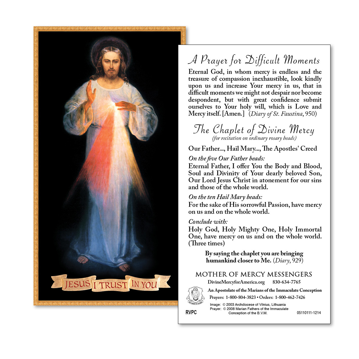A Prayer For Difficult Moments With Chaplet Of Divine Mercy Prayer Card - 50 Pack with regard to Printable Divine Mercy Prayer Card