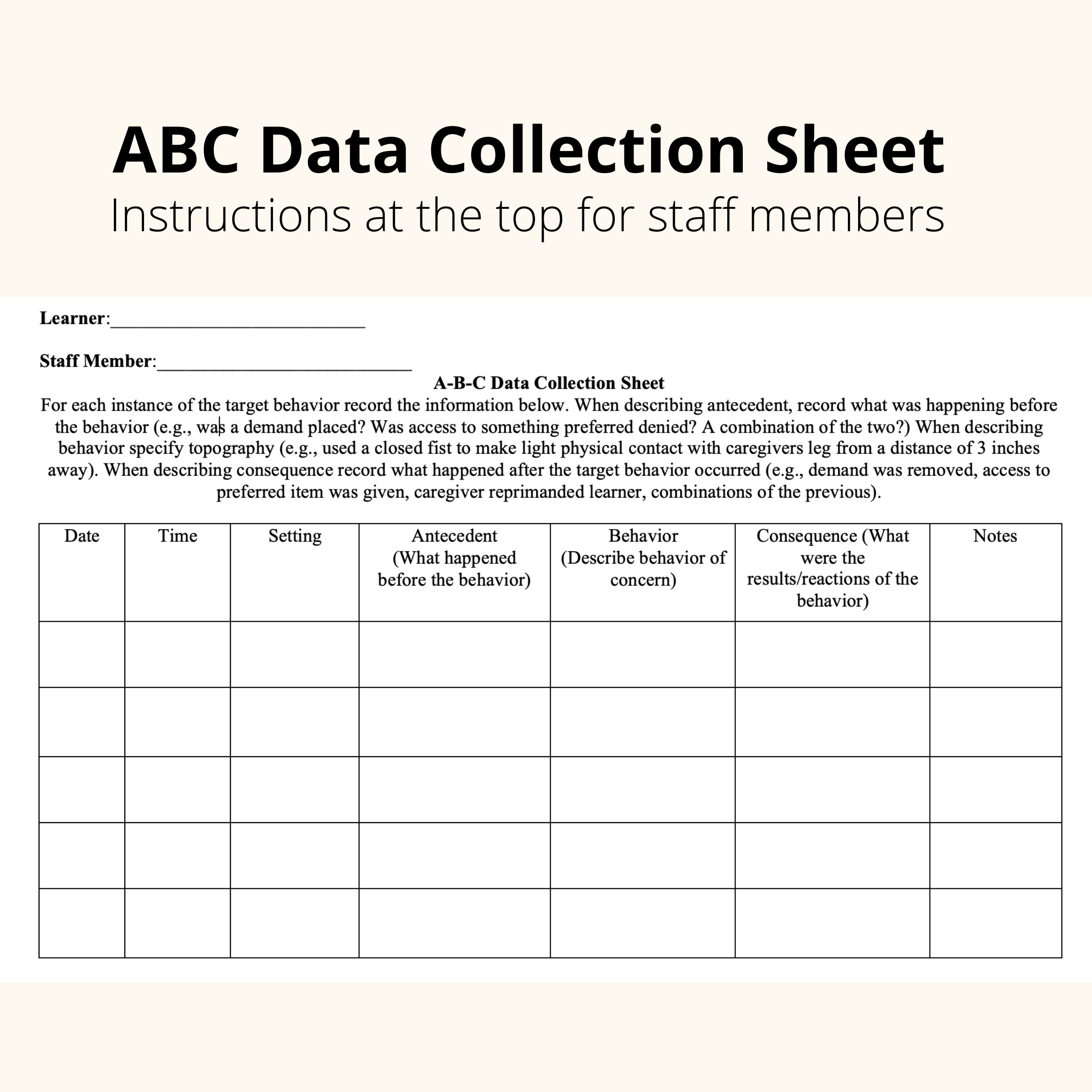 Abc Data Collection Sheet intended for Printable Behavior Data Collection Sheets
