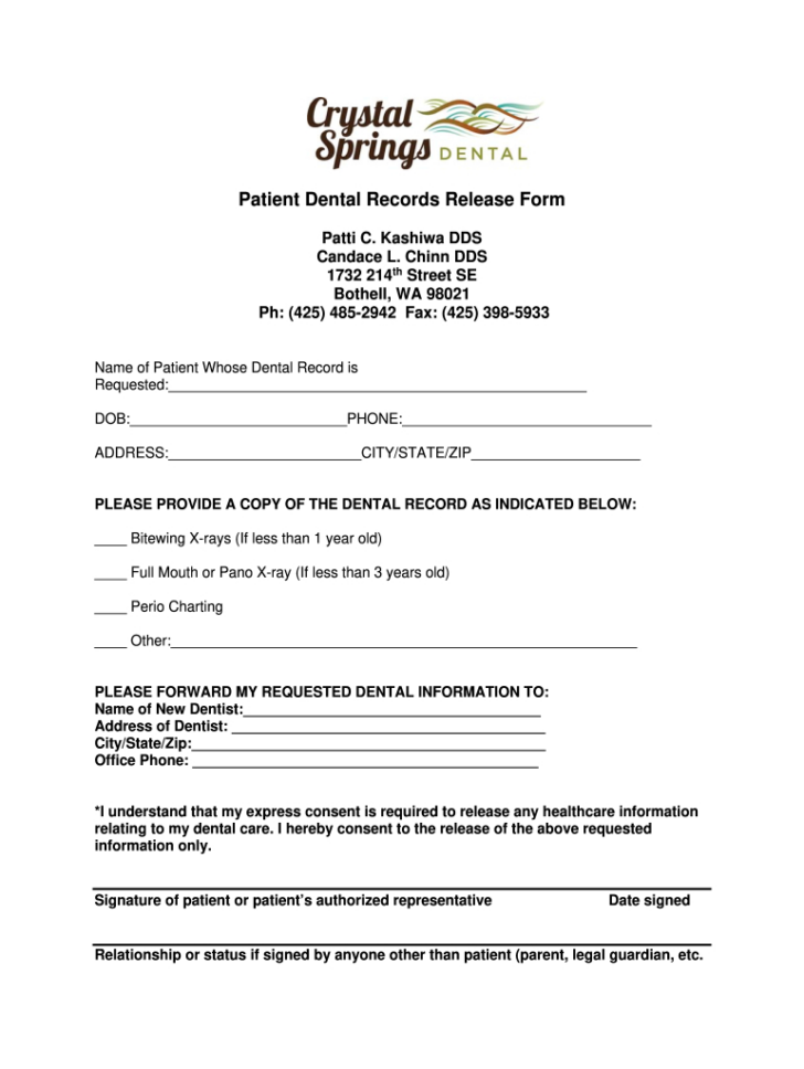 Printable Dental Records Release Form