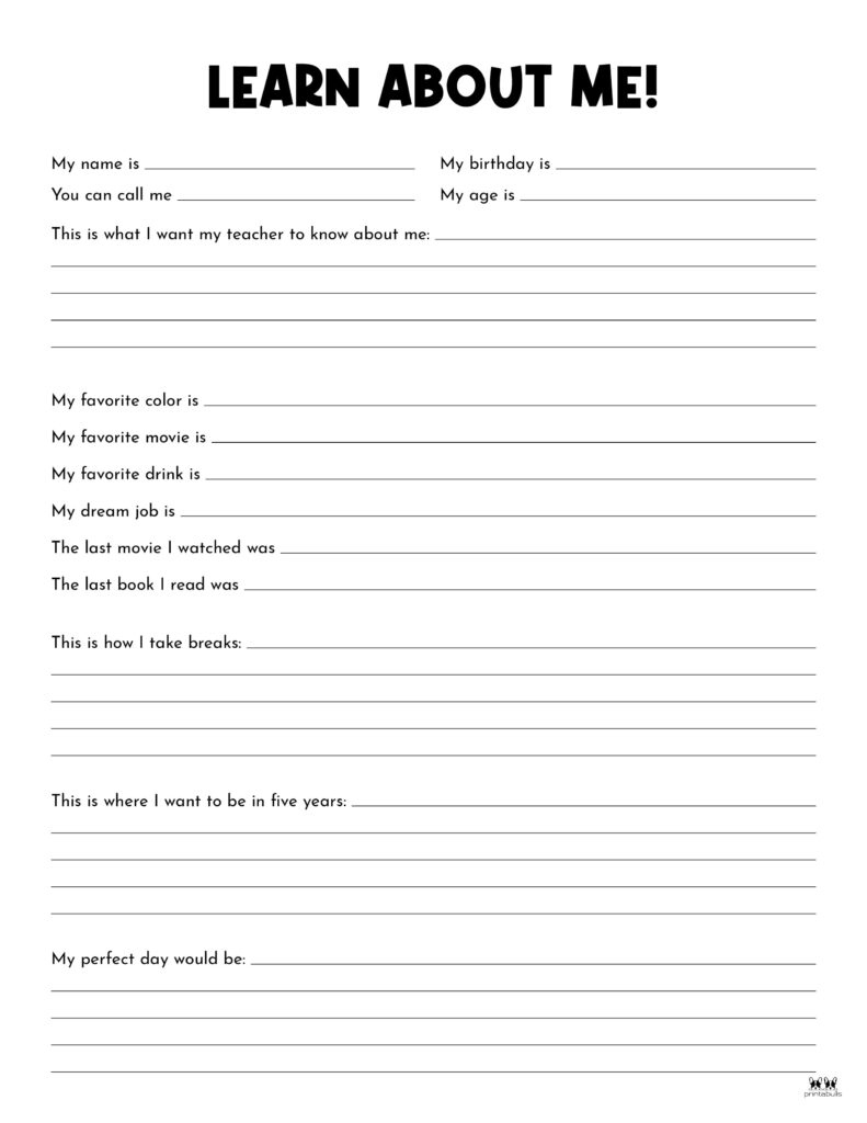 All About Me Printable Worksheets - 50 Free Printables within Printable Worksheets For Adults
