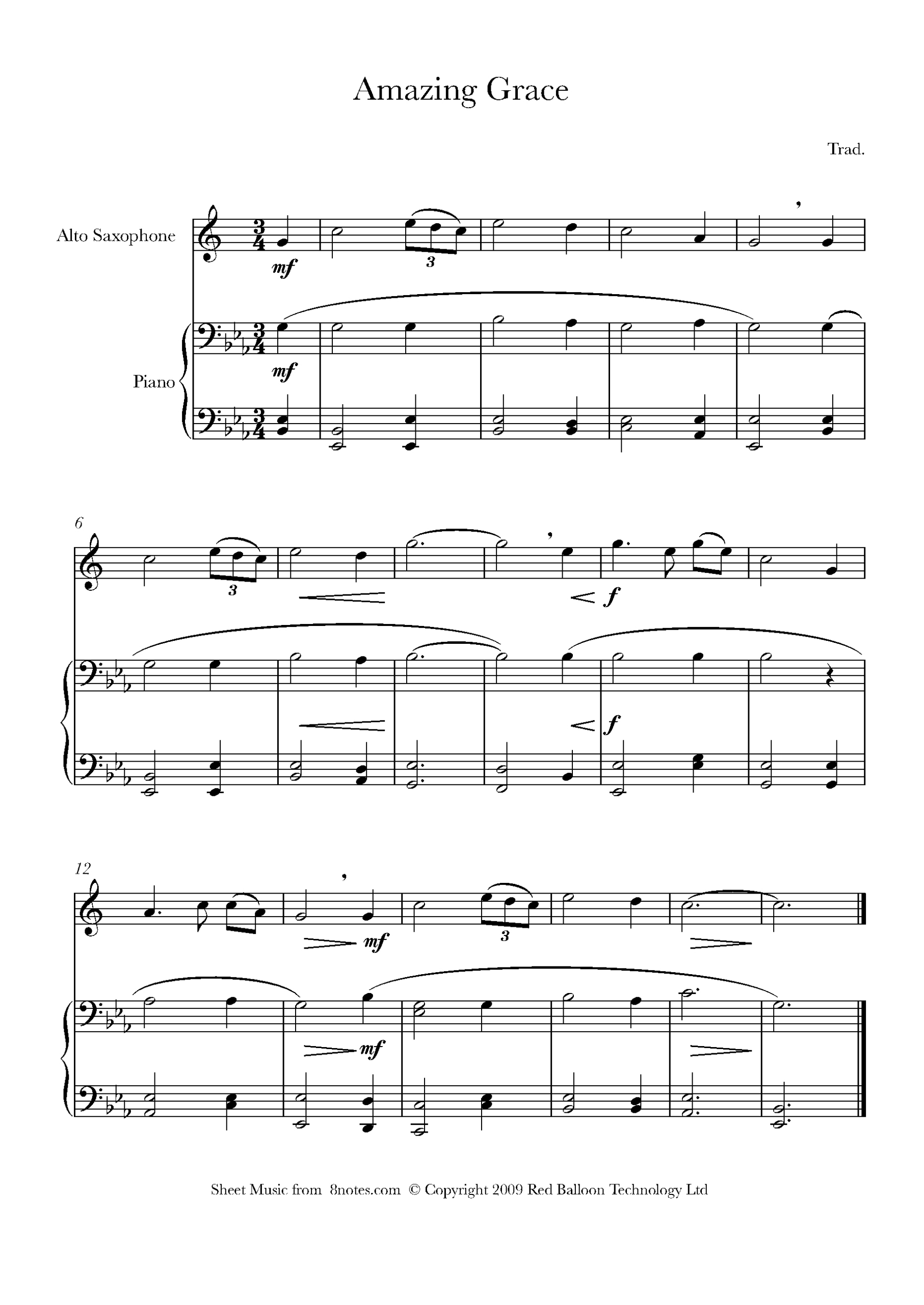 Amazing Grace For Saxophone - Free Sheet Music For Saxophone in Free Printable Sheet Music For Alto Saxophone