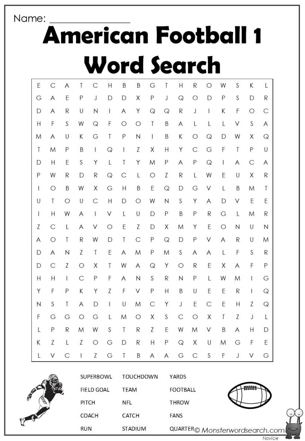 American Football 1 Word Search - Monster Word Search with regard to Football Word Search Printable