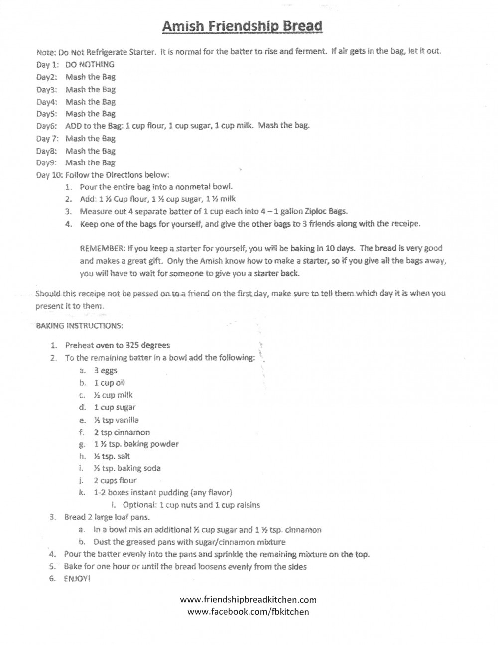 Amish Friendship Bread Instructions in Amish Friendship Bread Instructions Printable