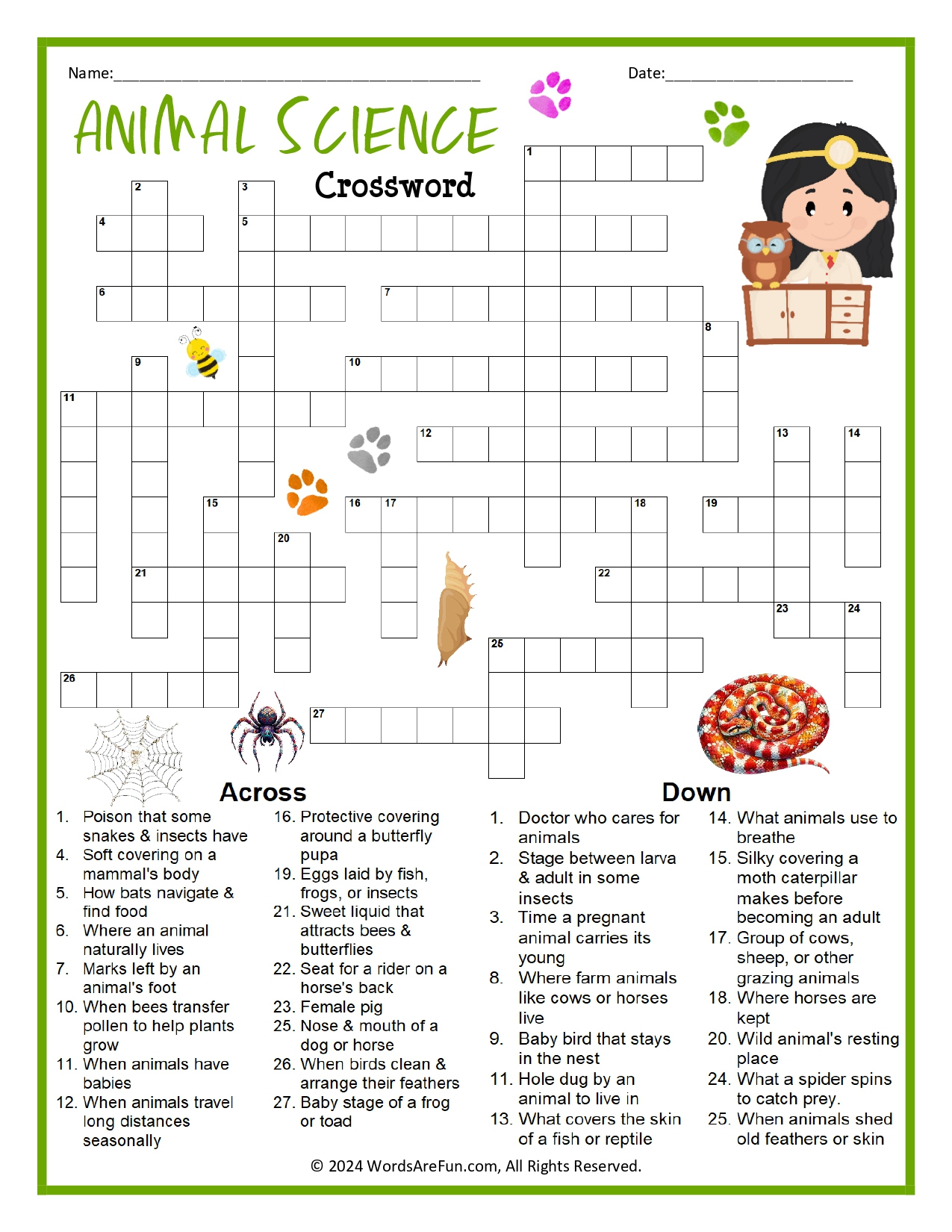 Animal Science Crossword Puzzle intended for Crossword Puzzle Science Printable