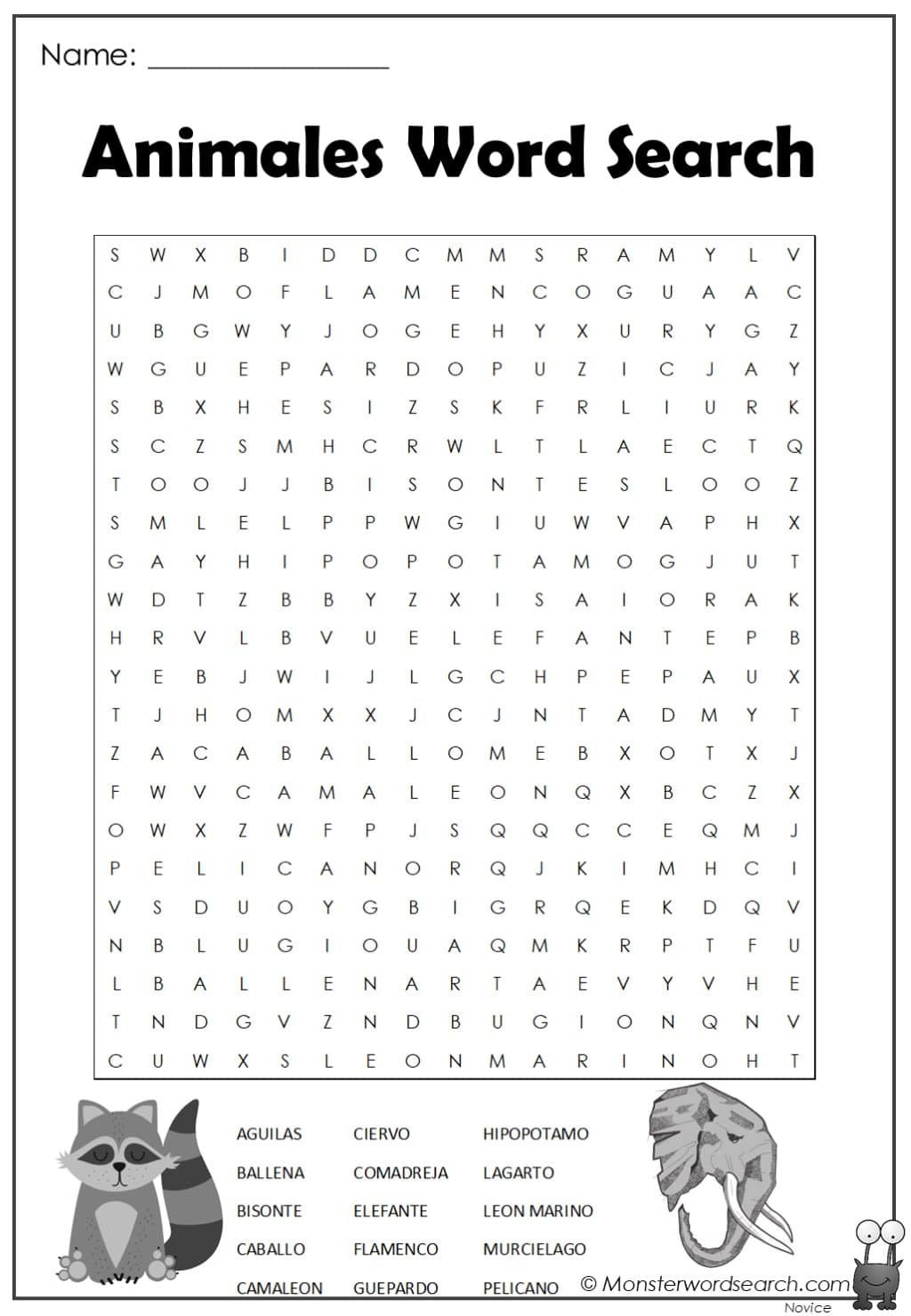 Animales Word Search - Monster Word Search inside Free Printable Word Search in Spanish