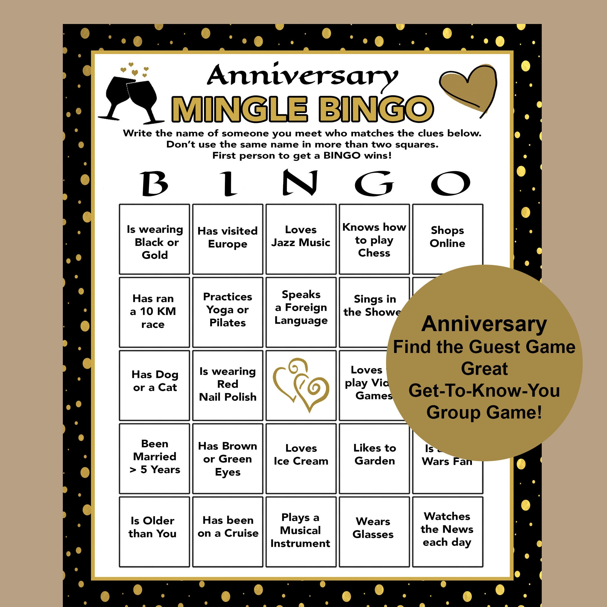 Anniversary Games, Find The Guest Game, Anniversary Bingo Game throughout Anniversary Party Games Printable