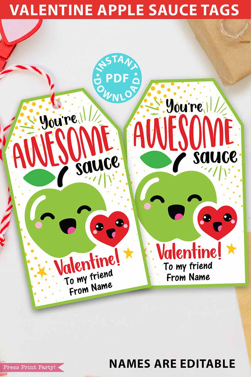 Applesauce Valentine Tags For Kids with Applesauce Pouch Valentines Free Printable