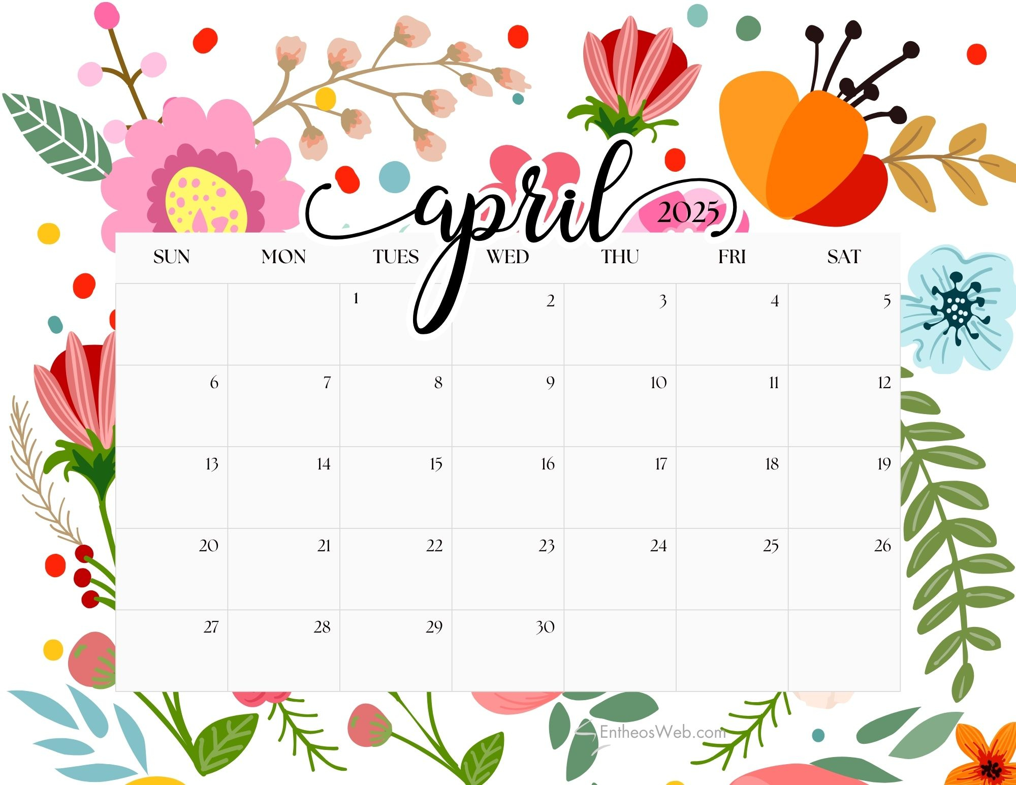 April 2025 Calendar Printables | Entheosweb inside Free Printable April 2025 Calendar