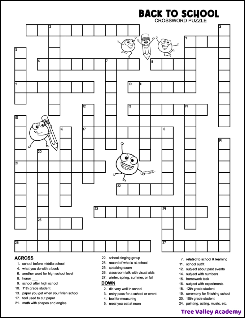 Back To School Crossword Middle School - Tree Valley Academy within Crossword Puzzles Free Printables