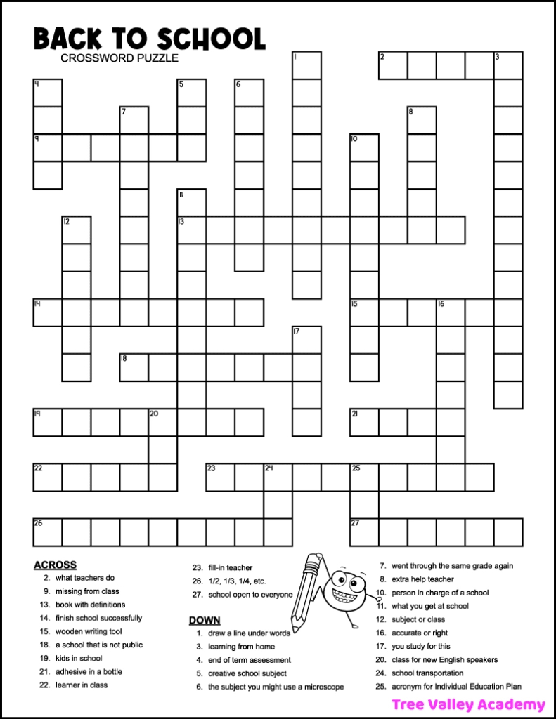 Back To School Crossword Puzzles - Tree Valley Academy with Printable Crossword Puzzles For 5th Graders