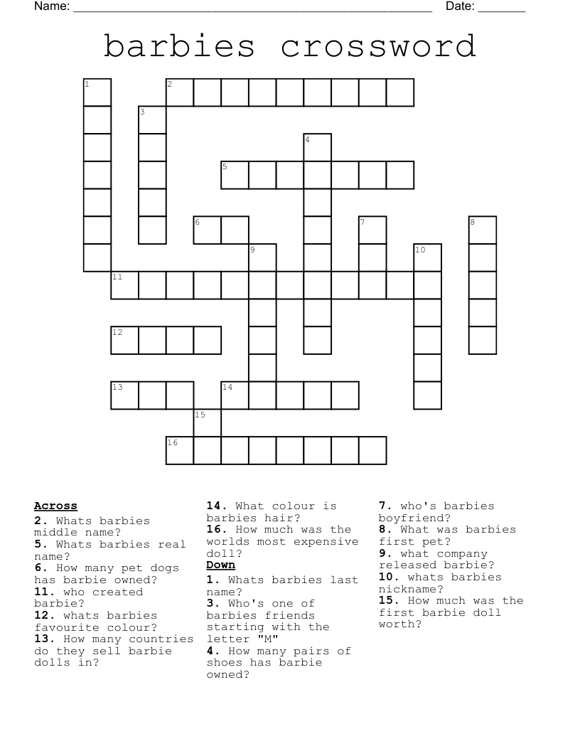 Barbies Crossword - Wordmint inside Barbie Word Search Printable