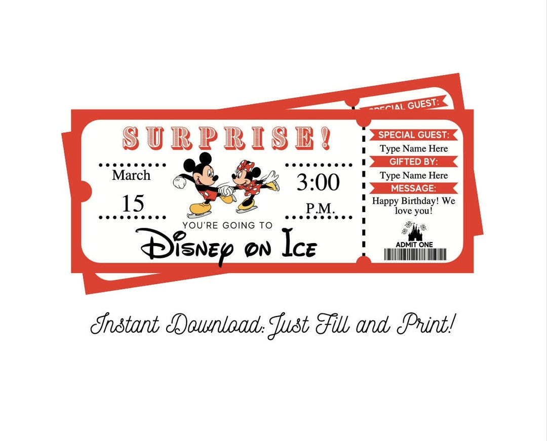 Bearbeitbare Mickey On Ice Überraschungskarte Sofortiger Download, Überraschungsreise, Bearbeitbare Und Druckbare Digitale Datei, Ausfüllbare Pdf - for Free Printable Disney on Ice Ticket Template