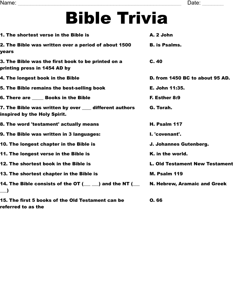 Bible Trivia Worksheet - Wordmint with Bible Trivia Quiz Printable