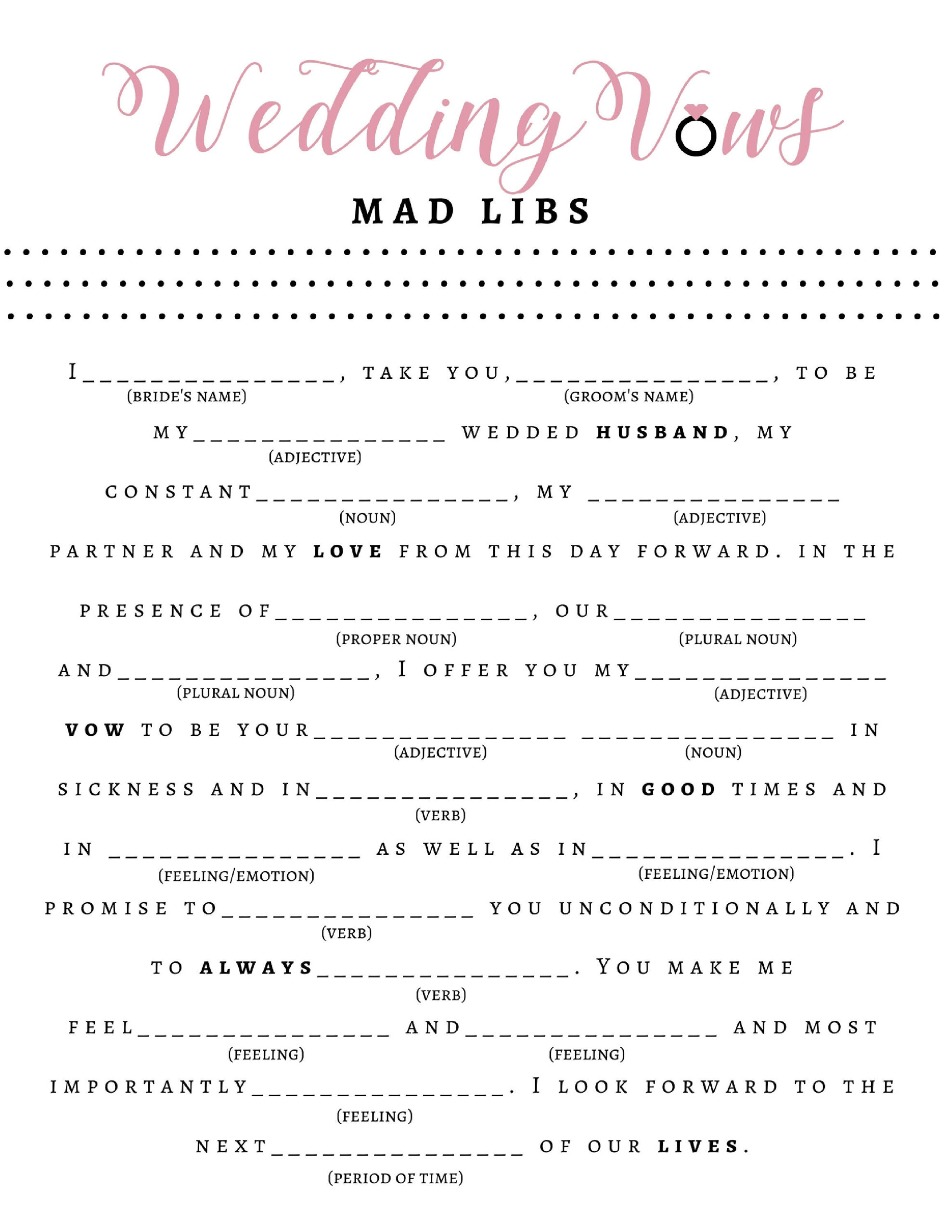 Bridal Shower Game - Wedding Vow Mad Libs - Bride + Groom - Etsy Uk throughout Wedding Vow Mad Libs Free Printable