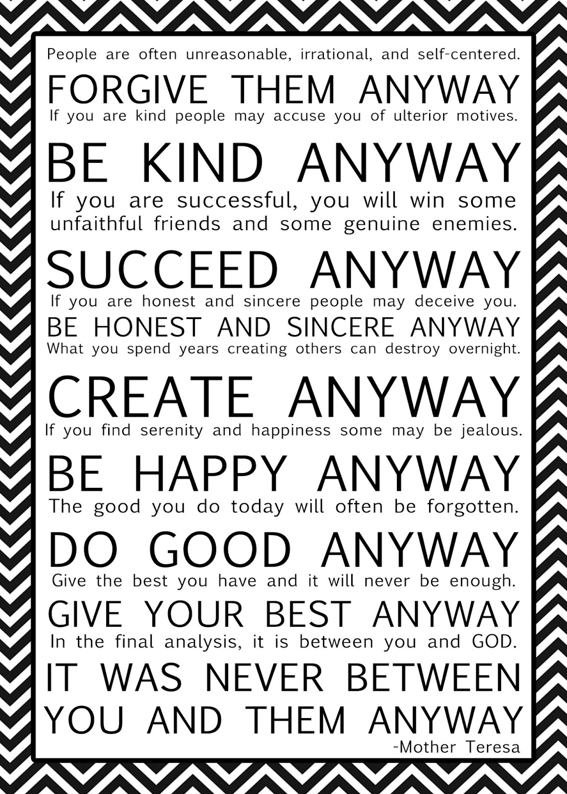 Cap Creations: Free Printable Mother Teresa Quote {Multiple Colors} with regard to Mother Teresa Do It Anyway Printable Free