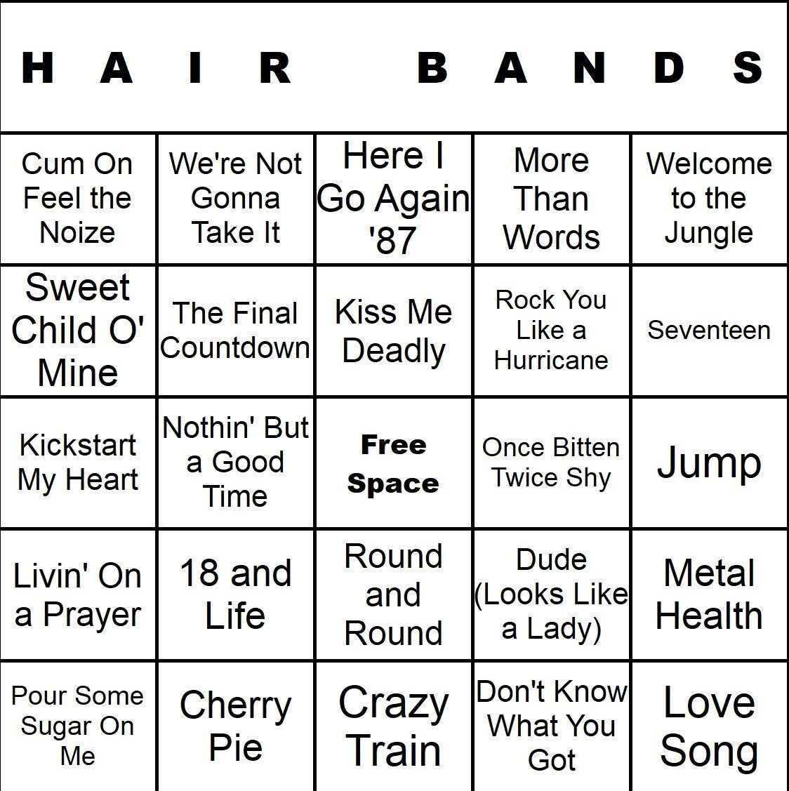 Cardtunz Hair Bands Music Bingo 100 Cards Digital Immediate for Printable Music Bingo Cards