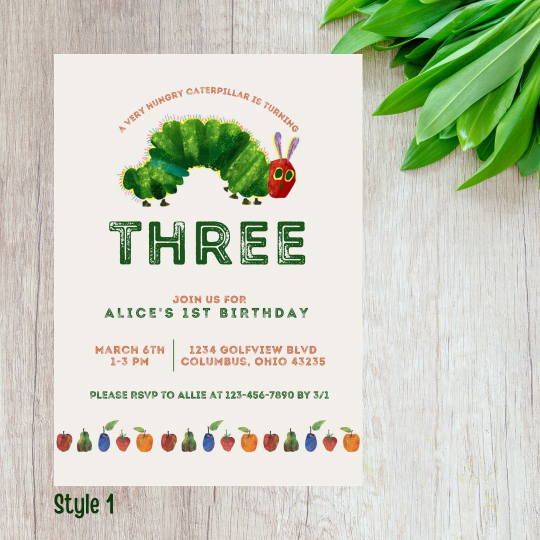 Caterpillar Customizable Birthday Invitation - 5X7, Digital within Free Printable Hungry Caterpillar Invitations