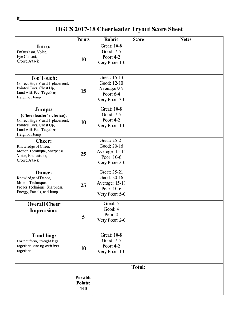Cheer Tryout Score Sheets - Fill Online, Printable, Fillable throughout Tryout Numbers Printable Free