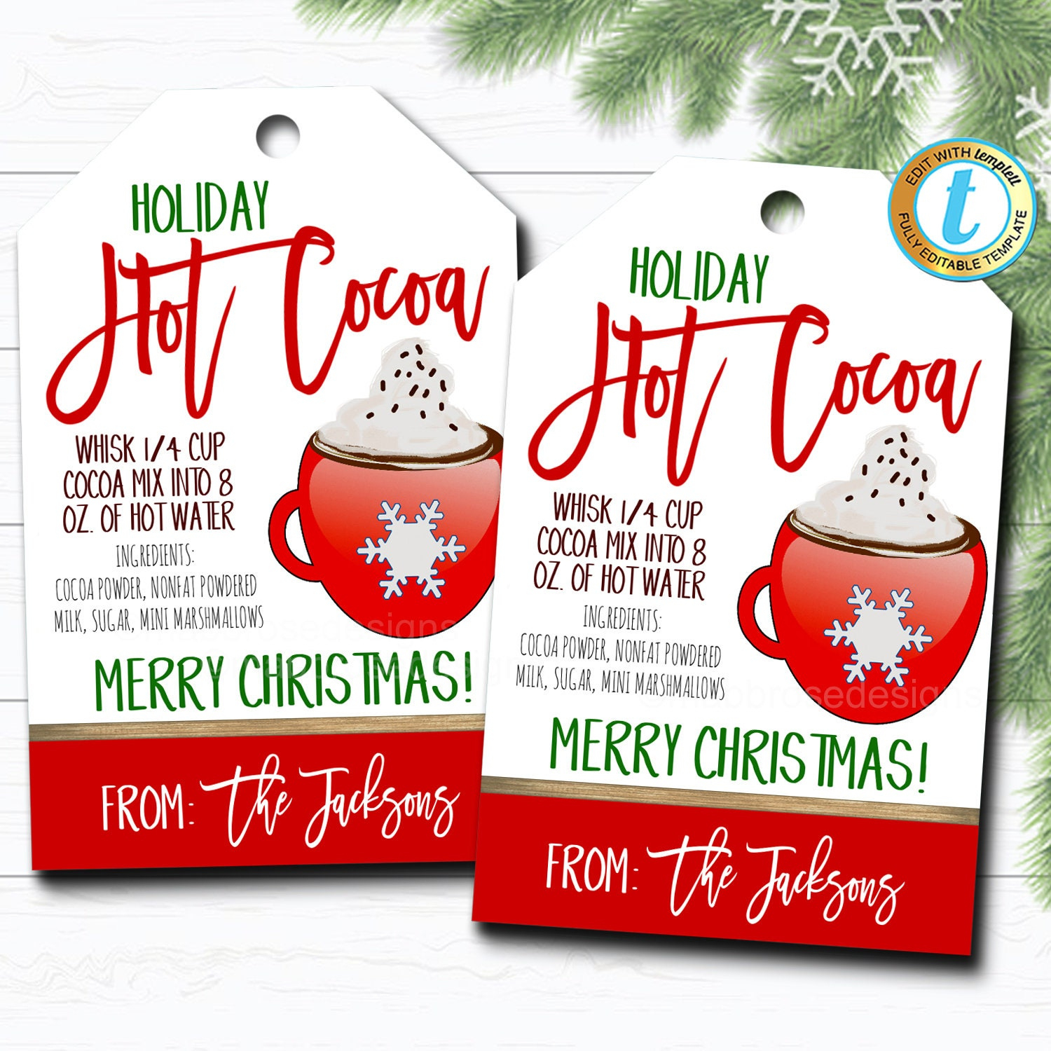 Christmas Gift Tags, Hot Cocoa, Hot Chocolate Recipe Tag Holiday for Hot Cocoa Printable Tags