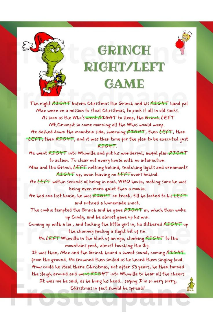Christmas Left Right Grinch Game, Christmas Pass The Prize | Right inside Free Printable Grinch Left Right Game