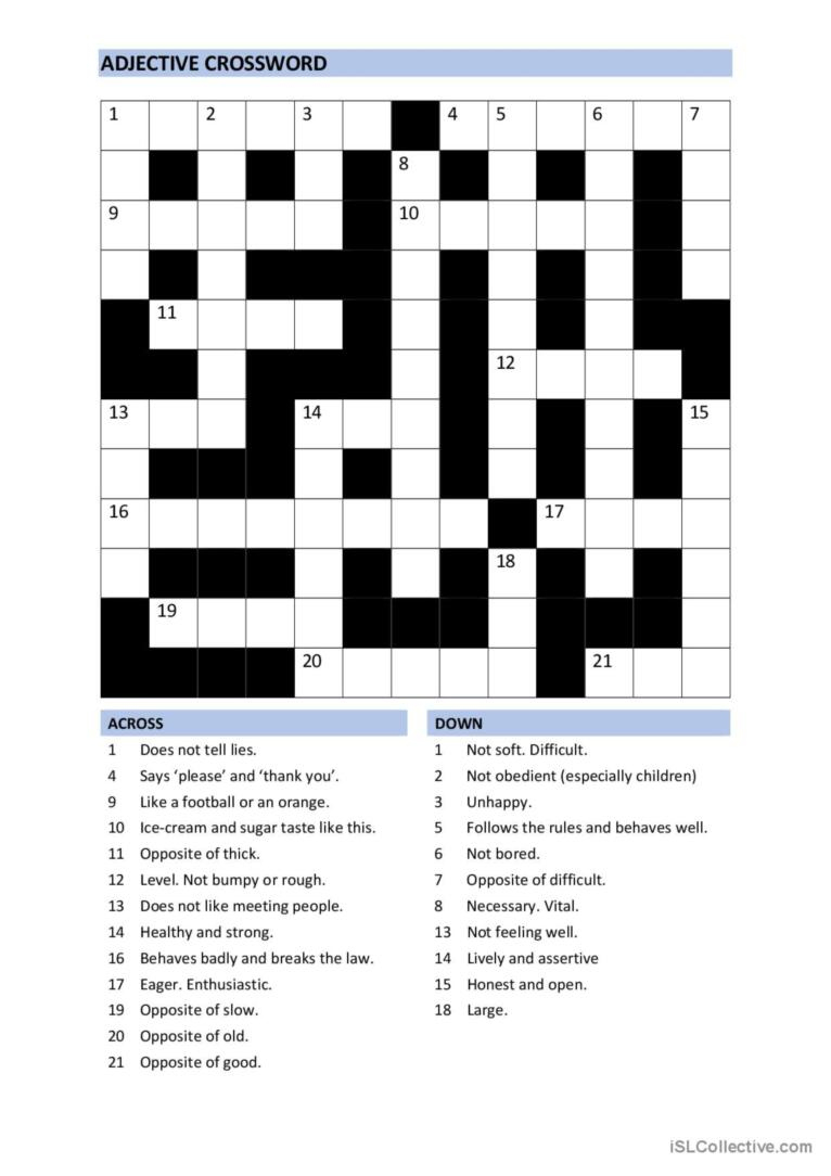Crossword: Intermediate /Adjectives: English Esl Worksheets Pdf &amp;amp; Doc for Esl Printable Crosswords