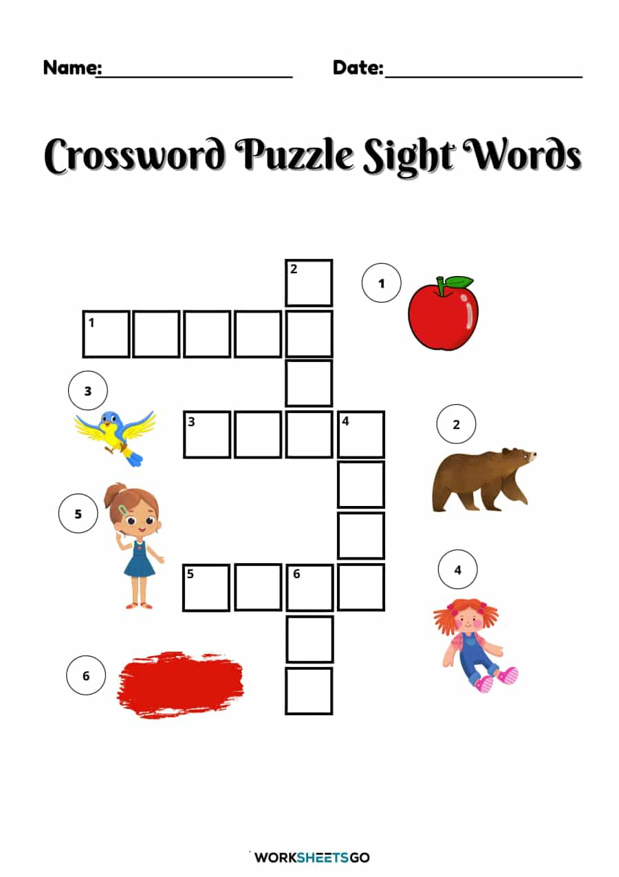 Crossword Puzzle Sight Words Worksheets | Worksheetsgo in Crossword Puzzles For First Graders Printable