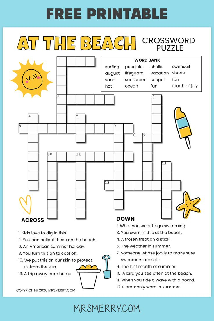 Crossword Puzzles For Kids - Summer Activity - Mrs. Merry with Printable Crosswords For Kids