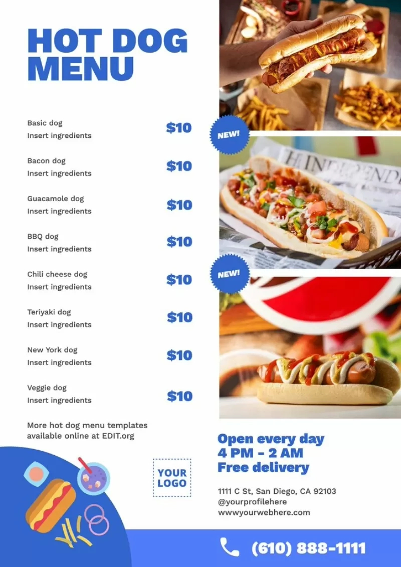 Customizable Hot Dog Menu Templates For Restaurants intended for Free Printable Hot Dog Bar Menu Printables
