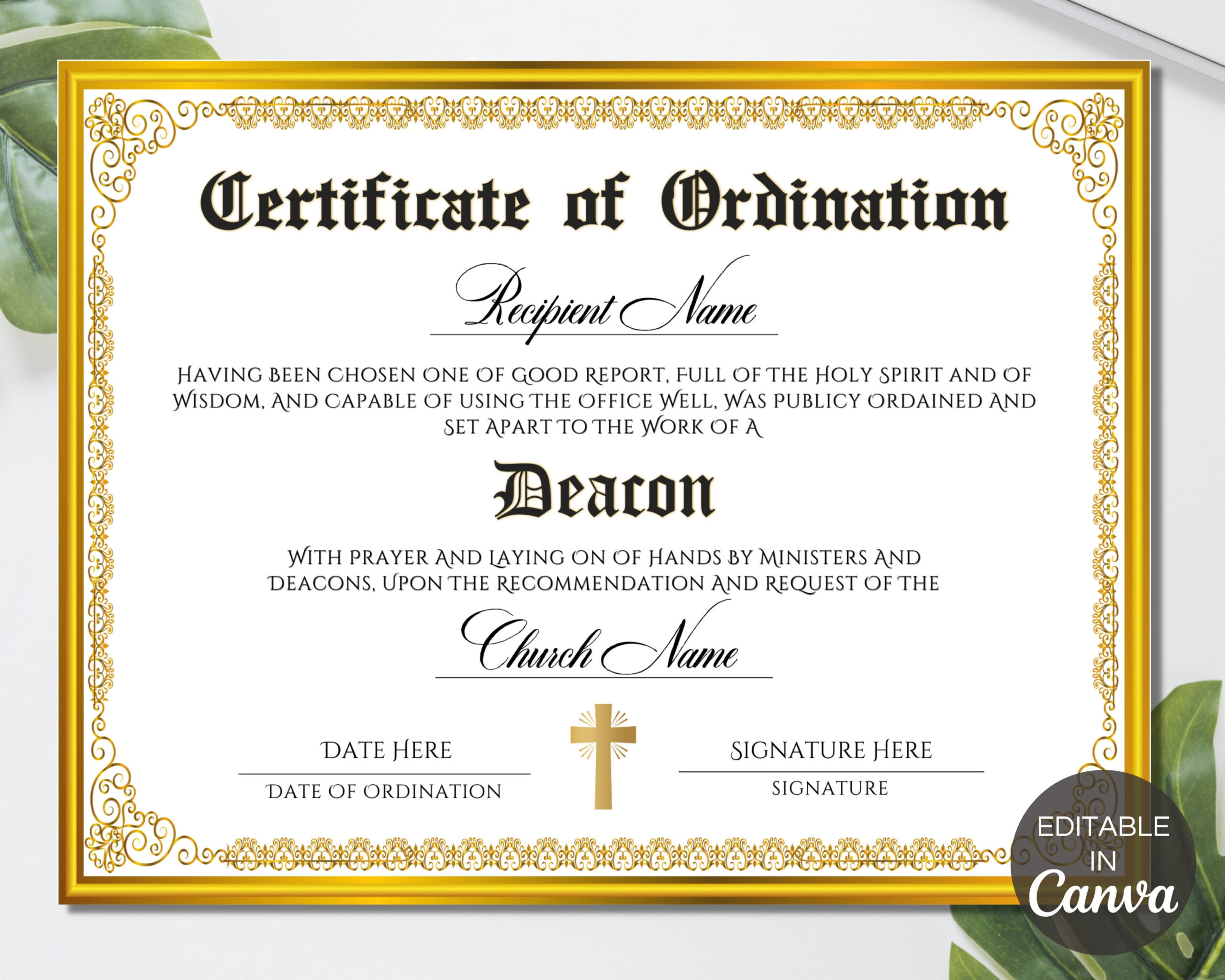 Deacon Ordination Certificate Template, Printable Certificate Of Ordination, Editable Ministry Certificate, Ordained Minister. Tds-10 with Free Printable Deaconess Ordination Certificate