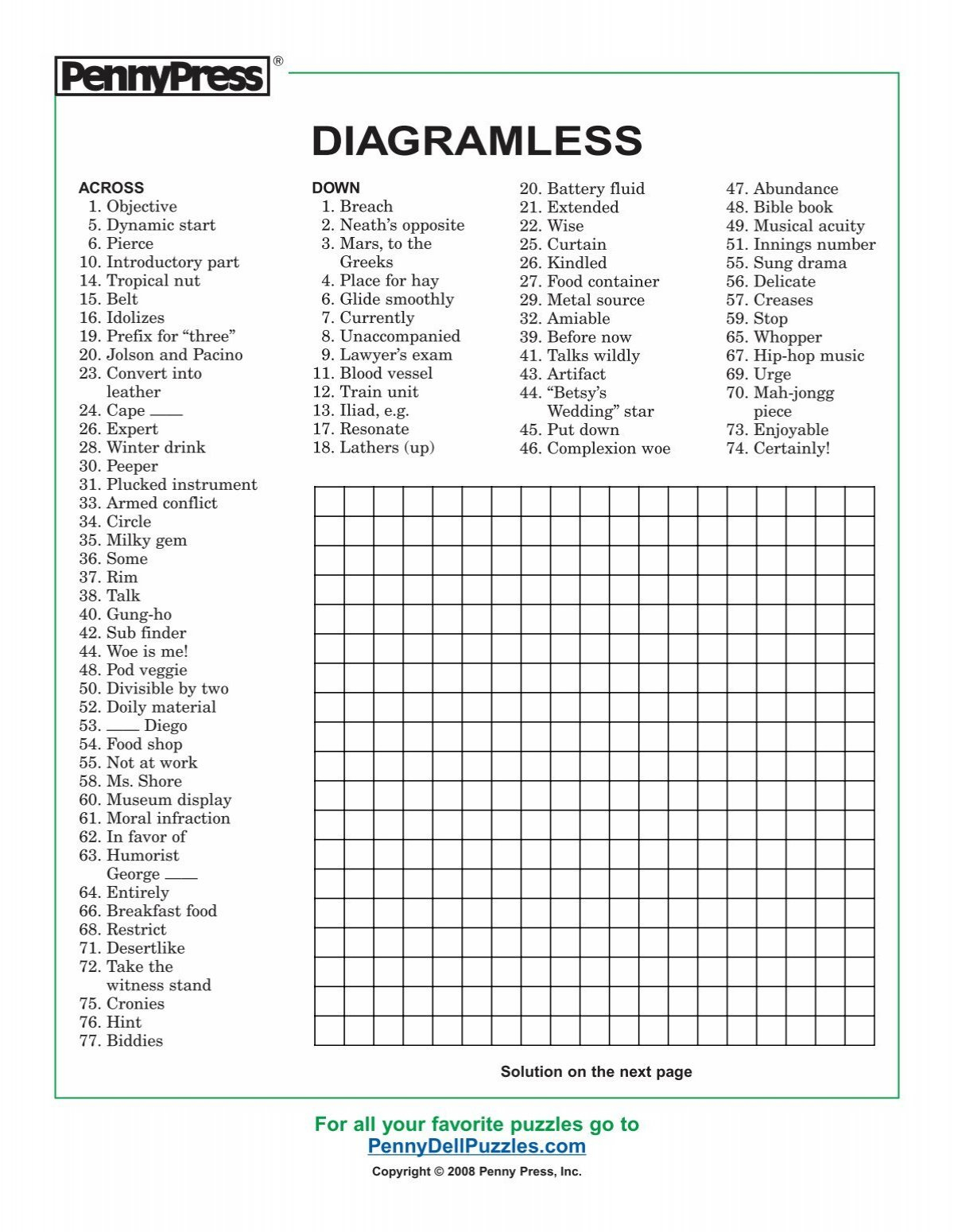 Diagramless - Pennydellpuzzles with Diagramless Crossword Printable