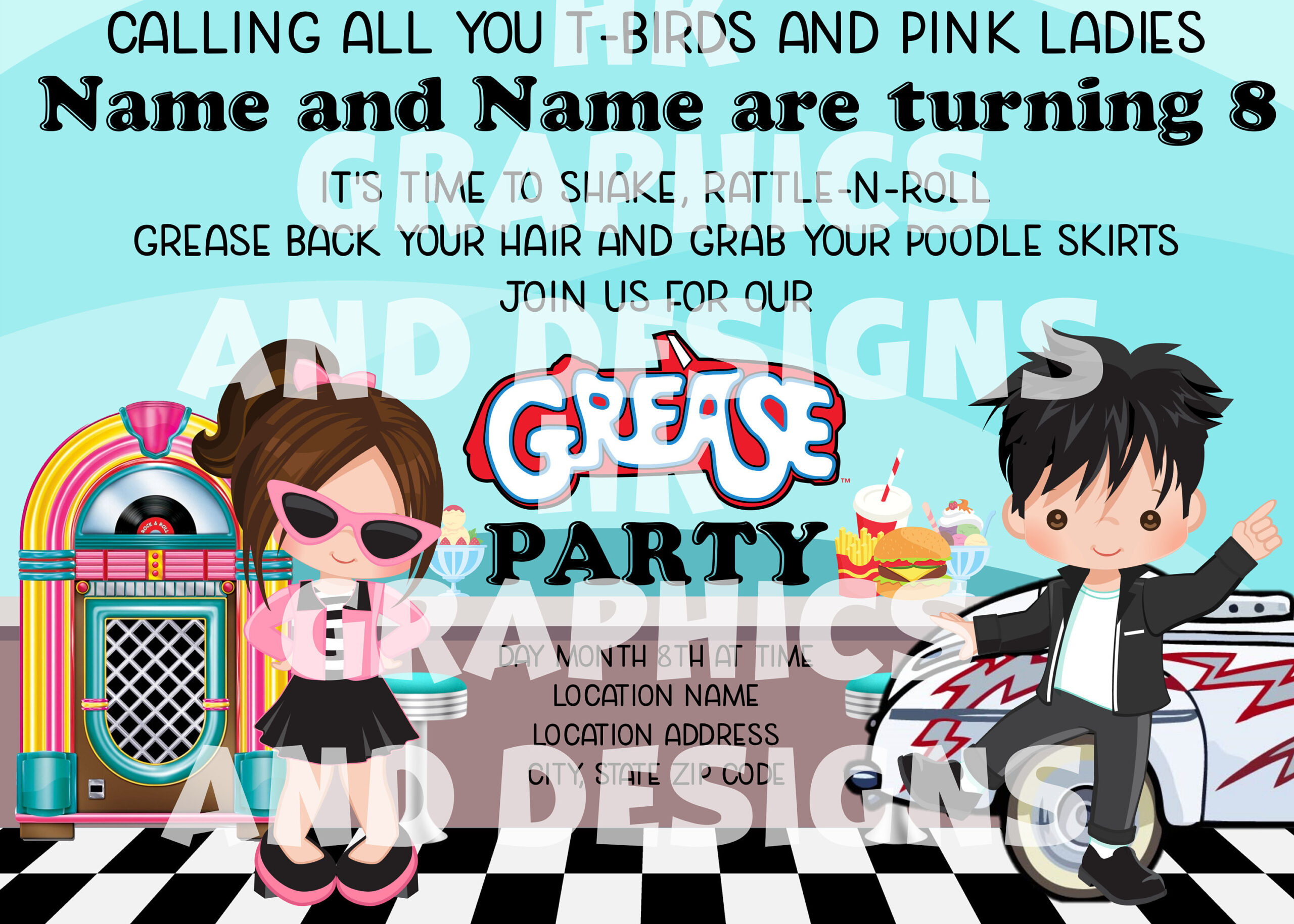 Digital Download** Grease Birthday Invitations Cards 5 X 7, 50S Themed Diner, Rock N&amp;#039; Roll, Brother And Sister for Free Printable Grease Party Invitations