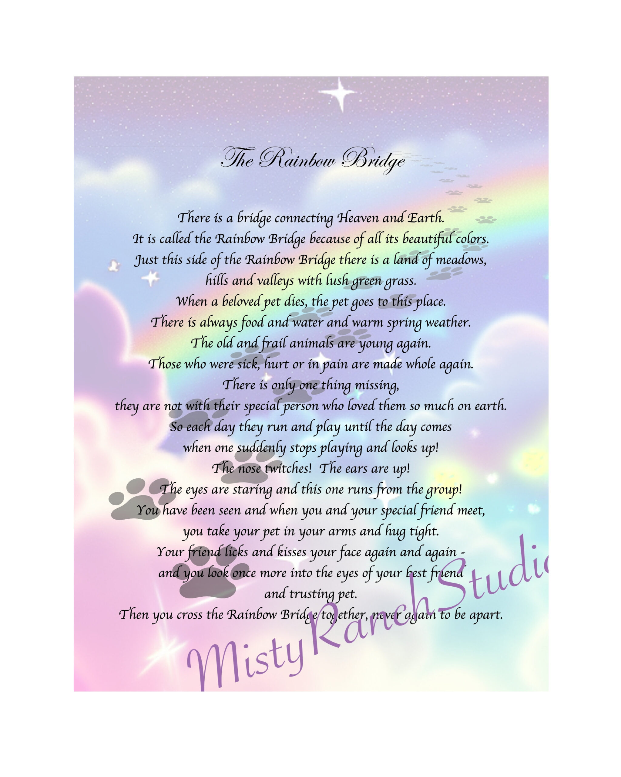 Digital Printable &amp;quot;Rainbow Bridge Poem&amp;quot; Dog, Cat, Pet, Memorial in Rainbow Bridge Pet Poem Printable