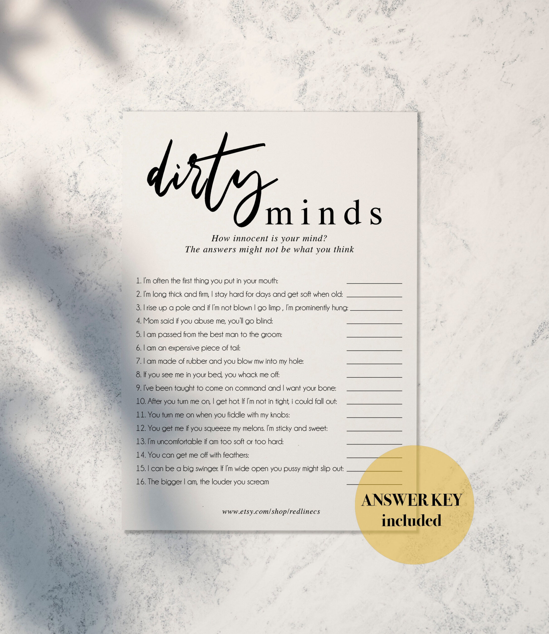 Dirty Minds Game Printable, Funny Bachelorette Party Game, Hen inside Dirty Minds Game Printable Free