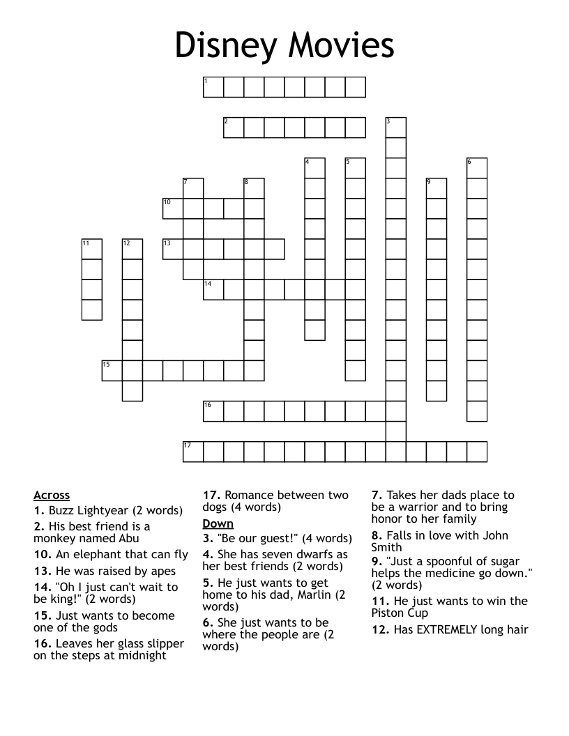 Disney Movies Crossword - Wordmint throughout Disney Printable Crossword Puzzles