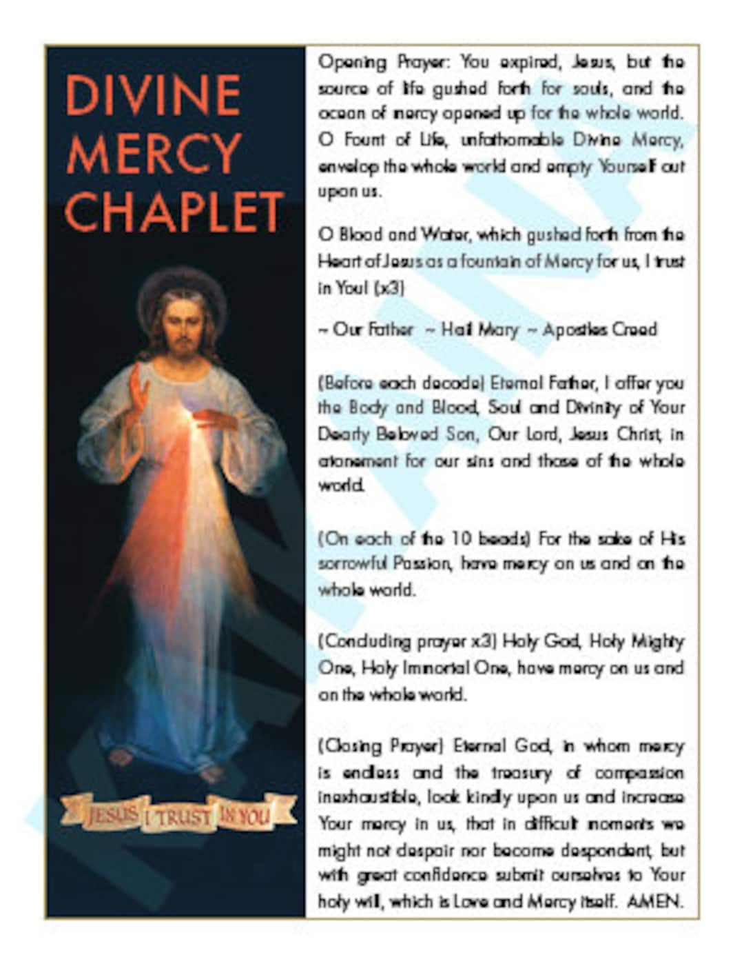Divine Mercy Chaplet Prayer Card 4 On A Page - Downloadable And Printable Catholic Saint Prayer Card. - Etsy in Printable Divine Mercy Prayer Card