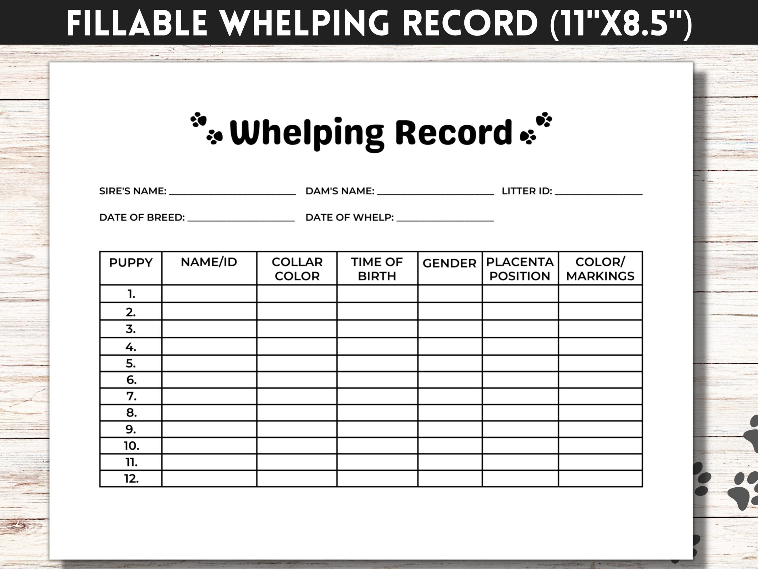 Dog Whelping Record, Fillable Puppy Whelping Chart, Dog Breeder throughout Free Printable Puppy Weight Puppy Whelping Chart