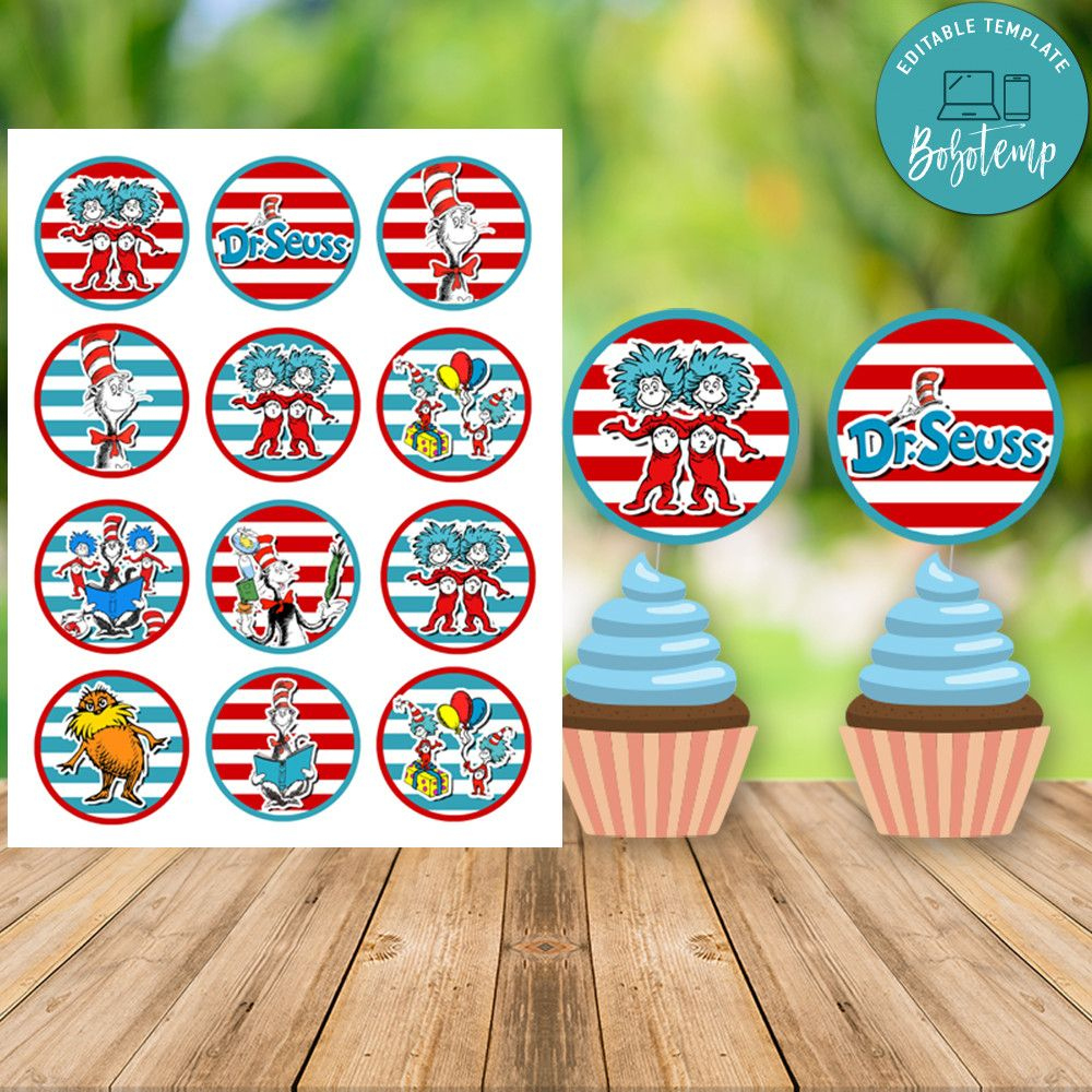 Dr. Seuss Birthday Cupcake Topper Digital File Printable | Bobotemp with Printable Dr Seuss Cupcake Toppers