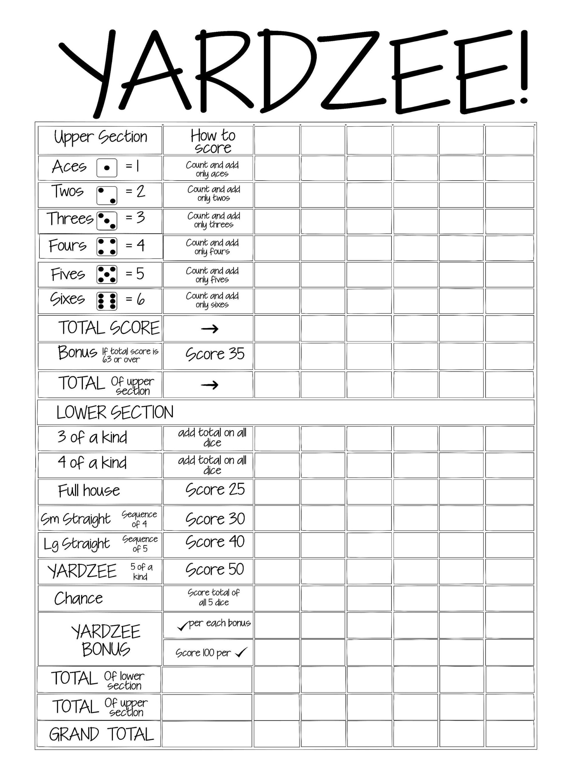 Druckbare 18 X 24 Yardzee Score Card Datei Fensterbrett In Der inside Yardzee Score Card Free Printable
