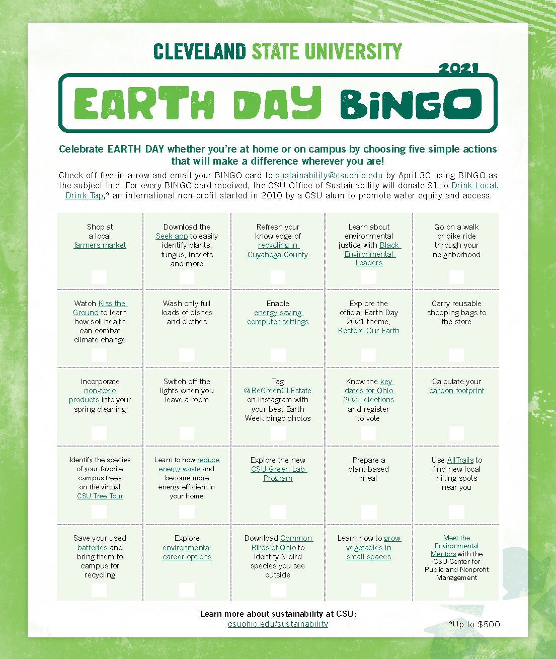 Earth Day Bingo | Cleveland State University regarding Earth Day Bingo Cards
