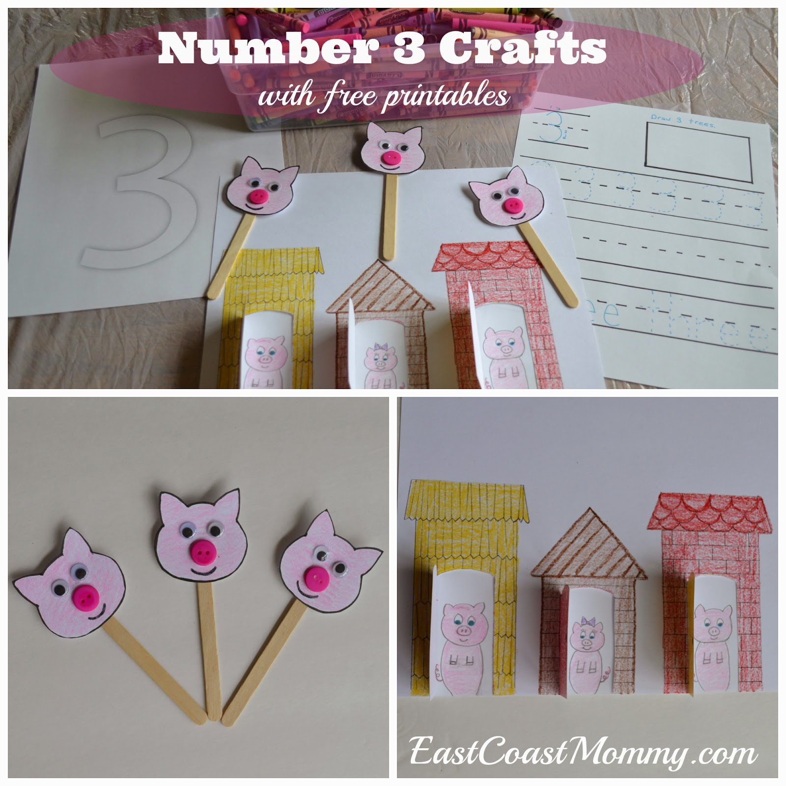 East Coast Mommy: Number Crafts {Number Three} The Three Little with Printable Three Little Pigs Craft